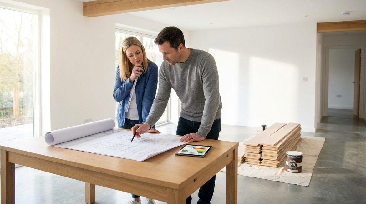 Un couple examine des plans d'architecte et une tablette d'évaluation énergétique pour un projet de rénovation de maison.