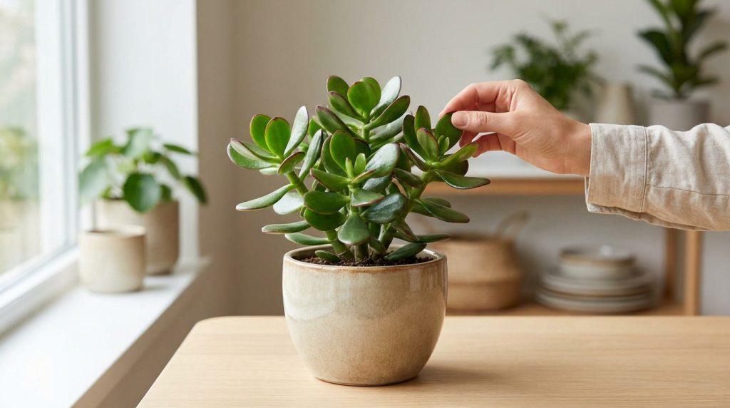 Une main caresse délicatement les feuilles charnues d'un arbre de jade (Crassula ovata) en pot sur une table en bois près d'une fenêtre.