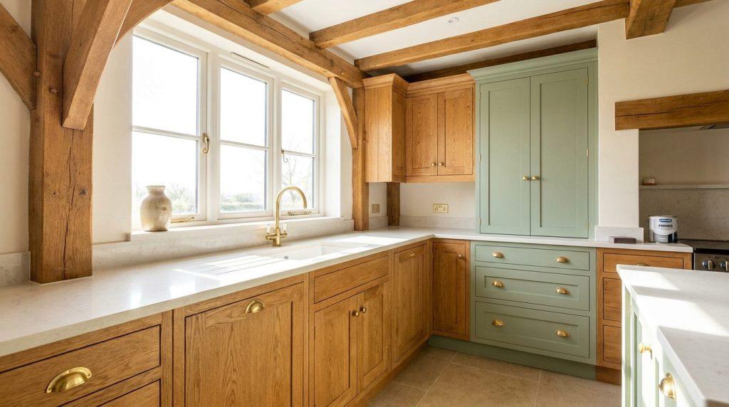 Cuisine lumineuse avec poutres en chêne, armoires en bois naturel et vert sauge, plan de travail blanc et robinet doré.