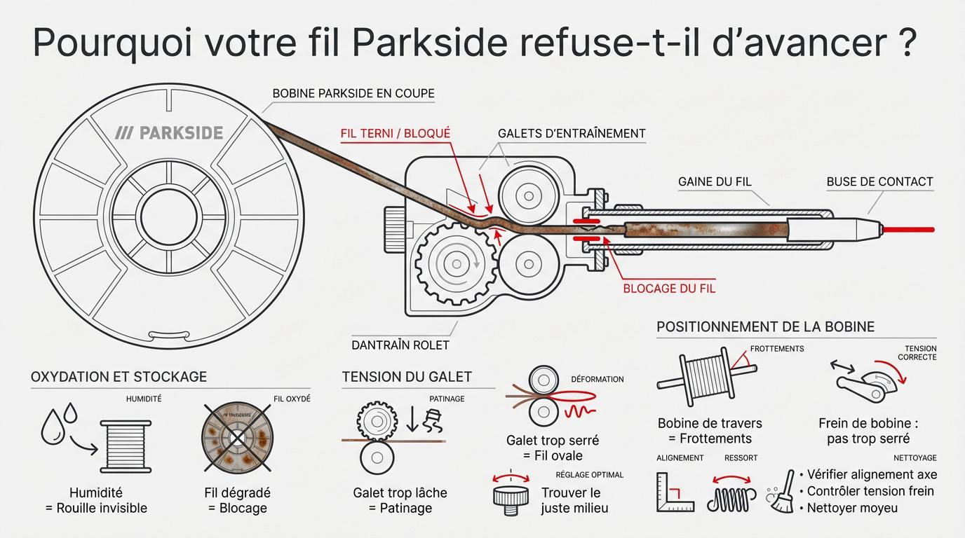 Vérification du mécanisme d'entraînement et de l'alignement de la bobine sur un poste Parkside