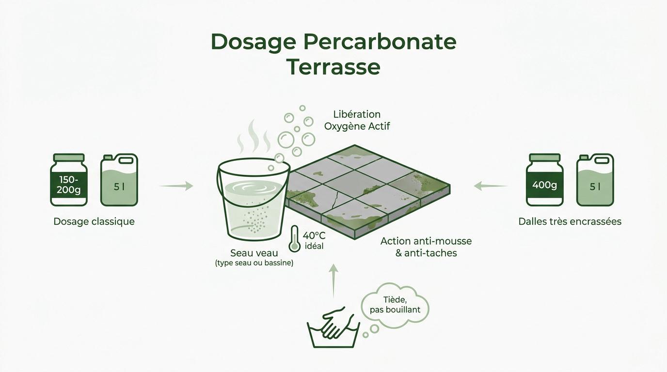 Préparation du mélange de percarbonate de soude pour nettoyer une terrasse en pierre