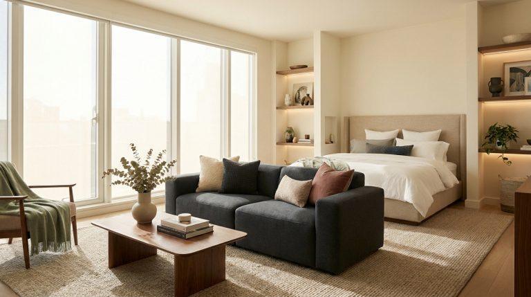 Intérieur moderne lumineux : salon-chambre avec canapé gris, lit double, table basse, et étagères déco éclairées.