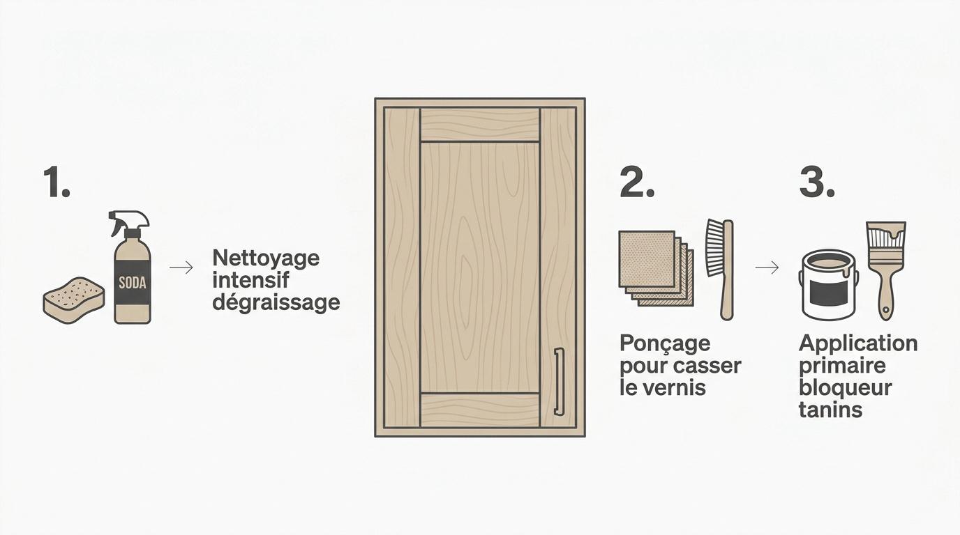 Étapes de préparation et de peinture pour moderniser relooker une cuisine rustique en chêne