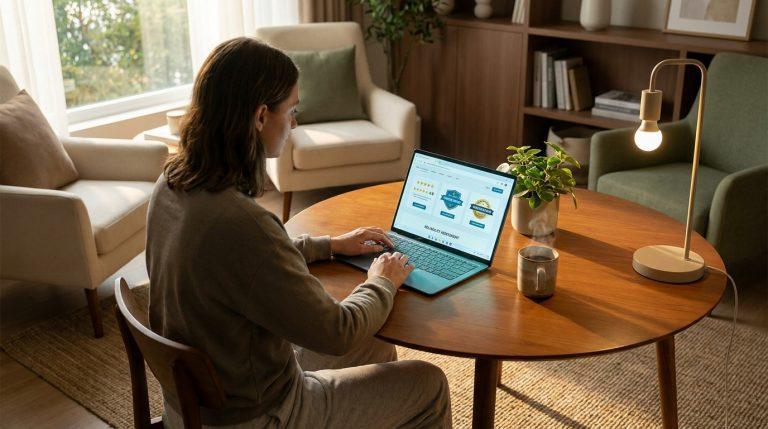 Personne évaluant la fiabilité d'un site sur ordinateur portable (note 4.8, badges de confiance) dans un salon lumineux.
