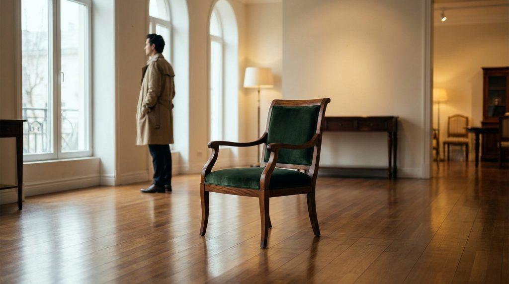 Un homme en trench-coat se tient près d'une fenêtre, regardant dehors. Un fauteuil vert antique est au premier plan sur un plancher en bois.