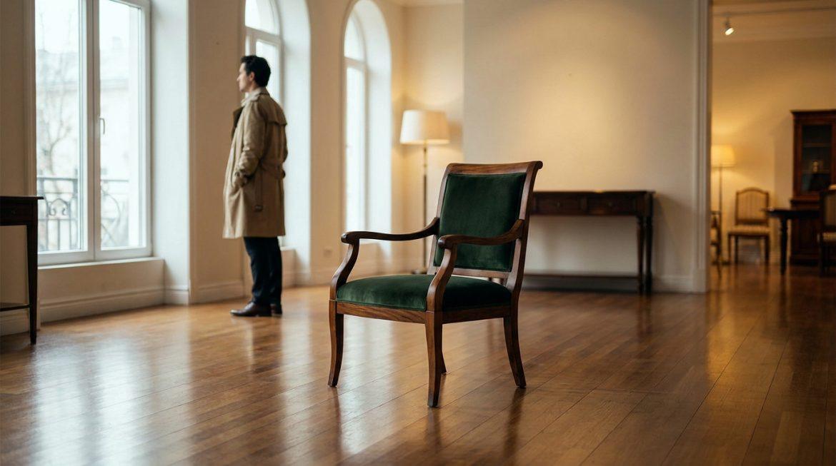Un homme en trench-coat se tient près d'une fenêtre, regardant dehors. Un fauteuil vert antique est au premier plan sur un plancher en bois.
