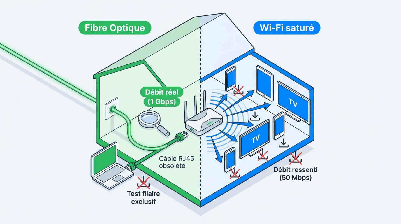 Comparaison entre débit fibre optique et signal Wi-Fi pour comprendre les pertes de vitesse