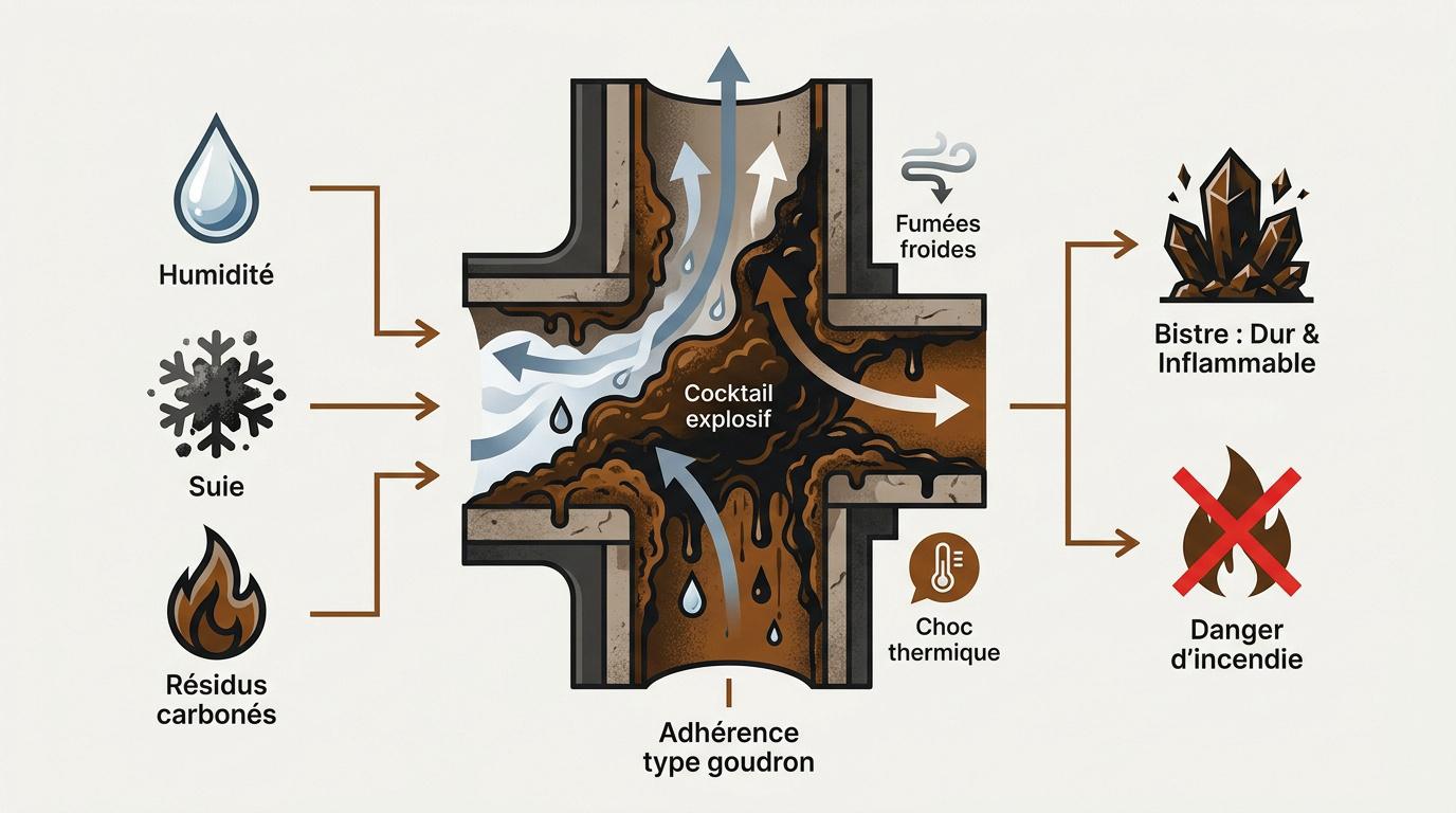 Schéma explicatif de l'accumulation de bistre et de goudron dans un conduit de cheminée