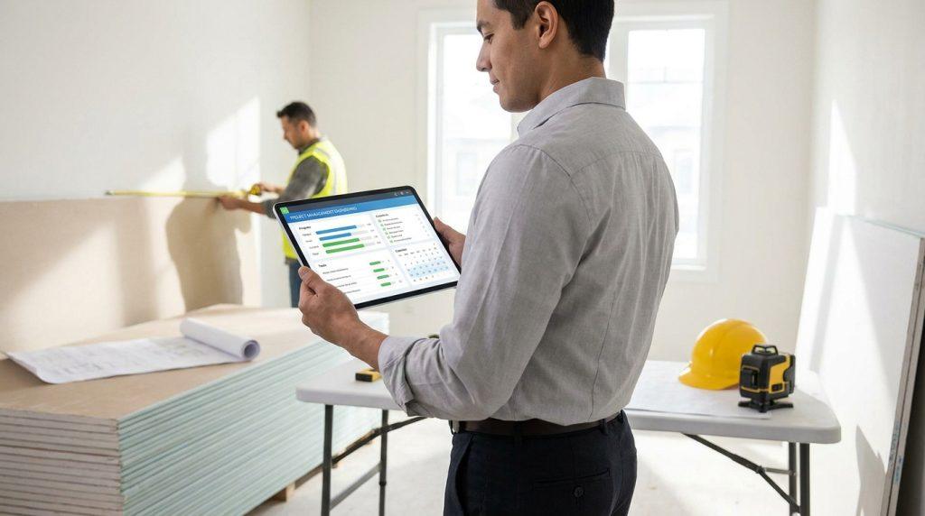 Un homme regarde un tableau de bord de gestion de projet sur une tablette, tandis qu'un ouvrier mesure un mur sur un chantier.