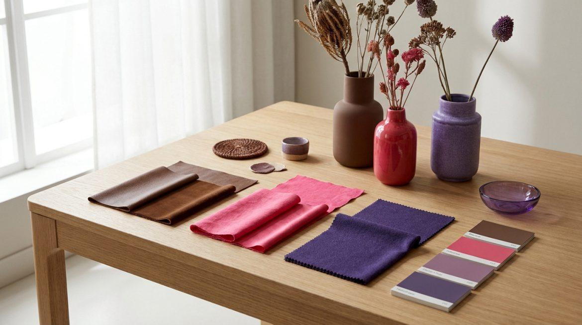 Une table en bois clair avec échantillons de tissus bruns, roses et violets, vases assortis, fleurs séchées et cartes de couleurs.