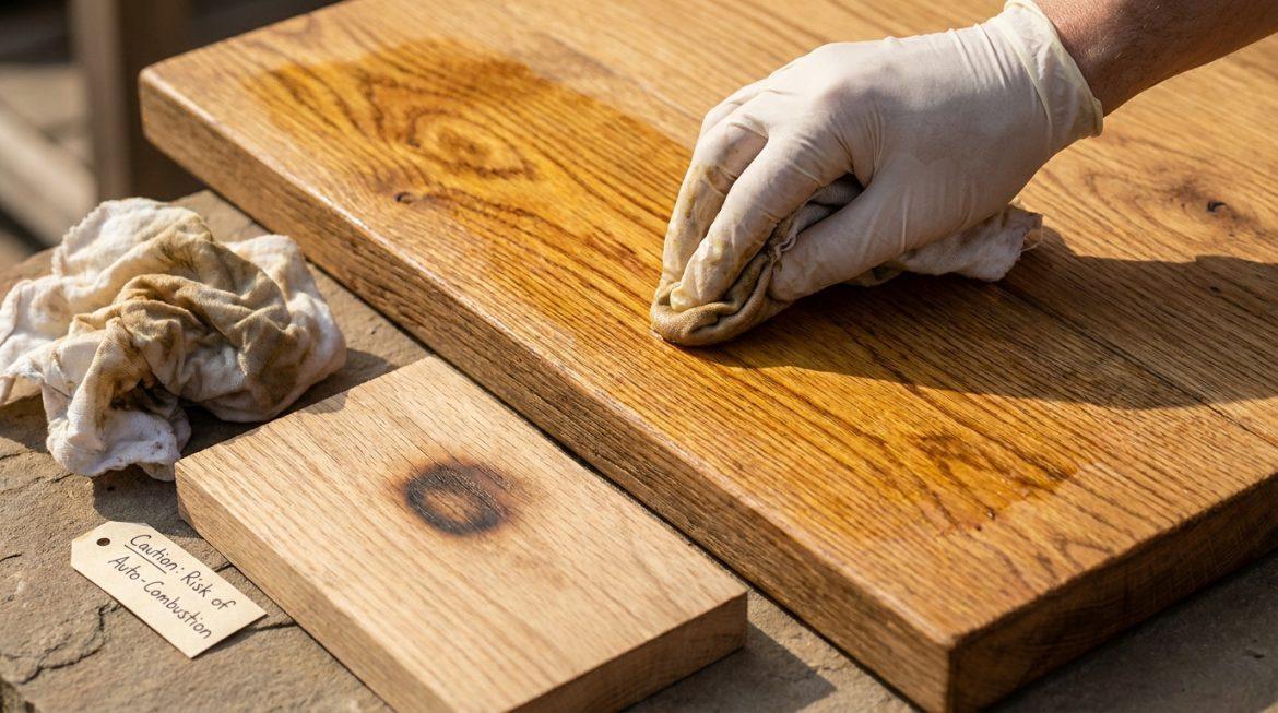 Main gantée huilant du bois, à côté de chiffons imprégnés et d'un bois carbonisé, avec un avertissement : "Risque d'Auto-Combustion".