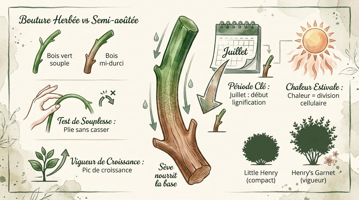 Illustration des étapes de bouturage d'un arbuste Itea en été