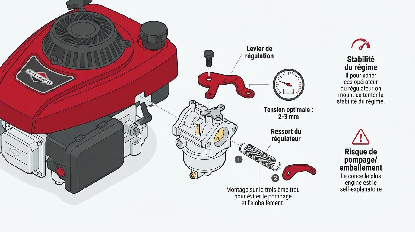 Schéma du système de régulation et position du ressort sur un moteur Briggs and Stratton