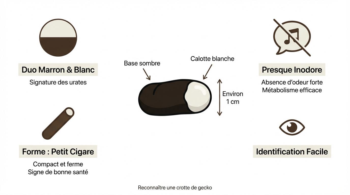 Infographie montrant les caractéristiques visuelles d'une crotte de gecko saine avec sa partie blanche