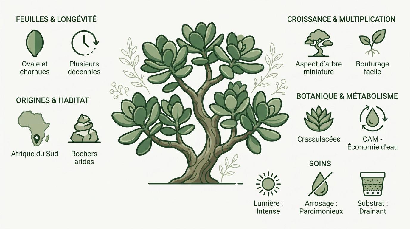 Infographie détaillée sur les origines et les caractéristiques de la Crassula ovata