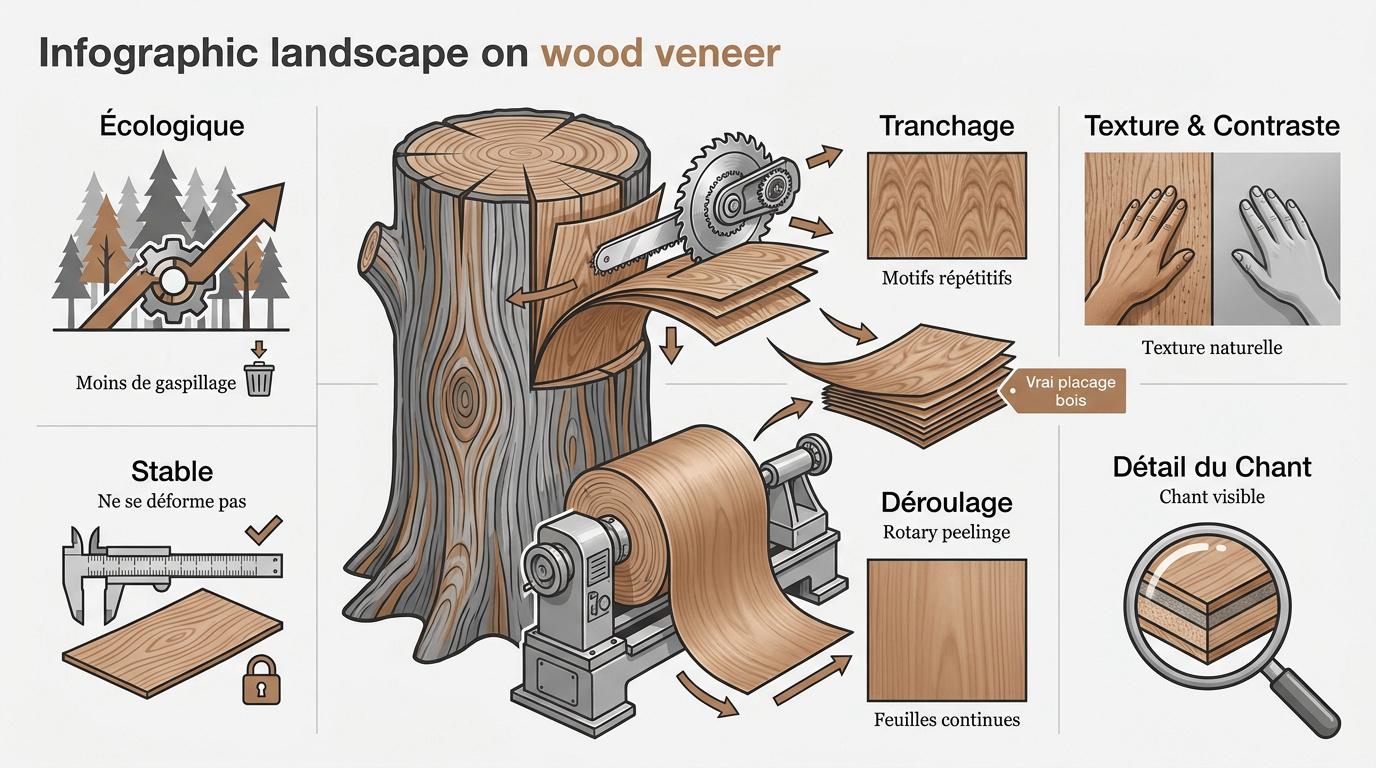 Infographie expliquant les étapes et avantages du placage bois véritable