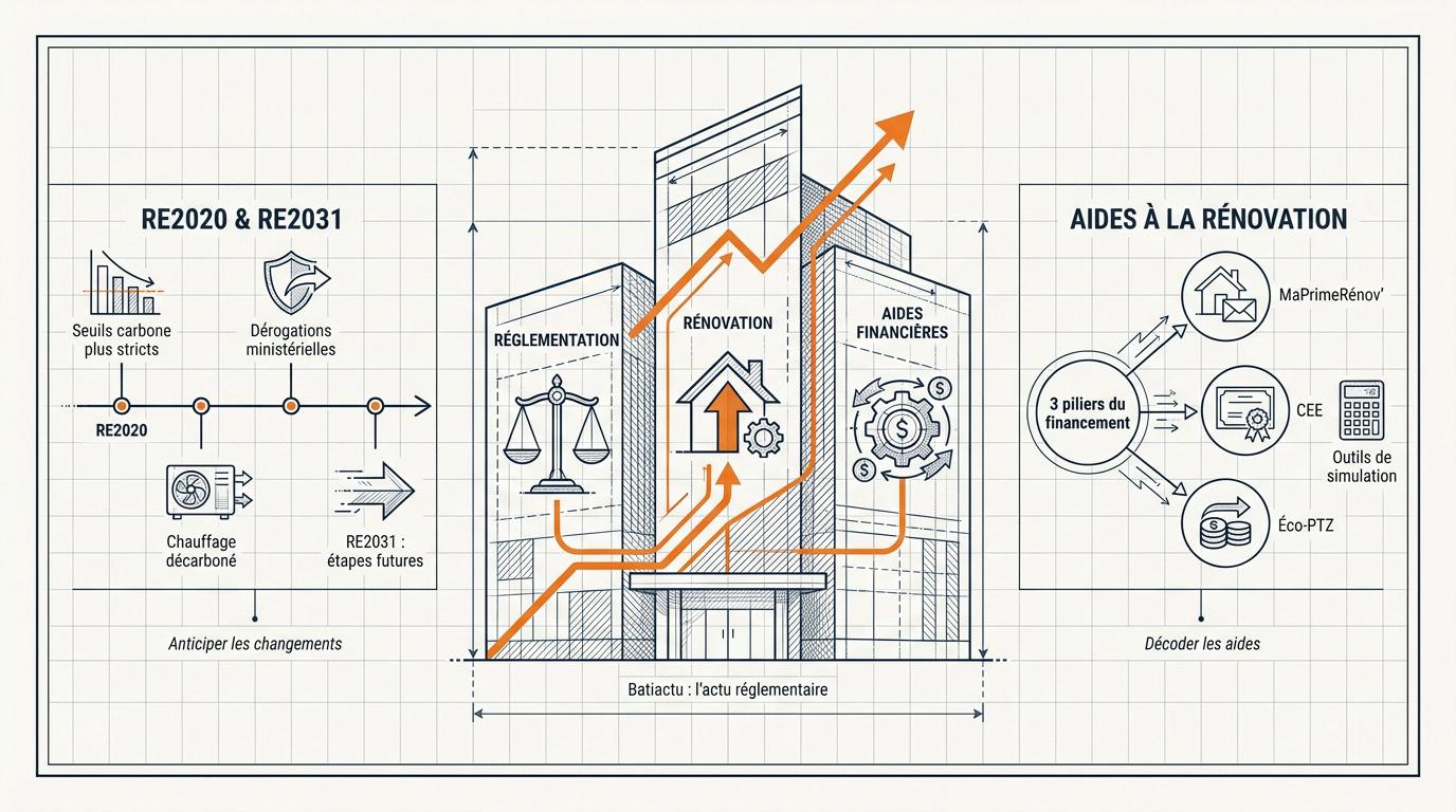 Infographie sur les évolutions de la RE2020 vers 2031 et les aides à la rénovation énergétique