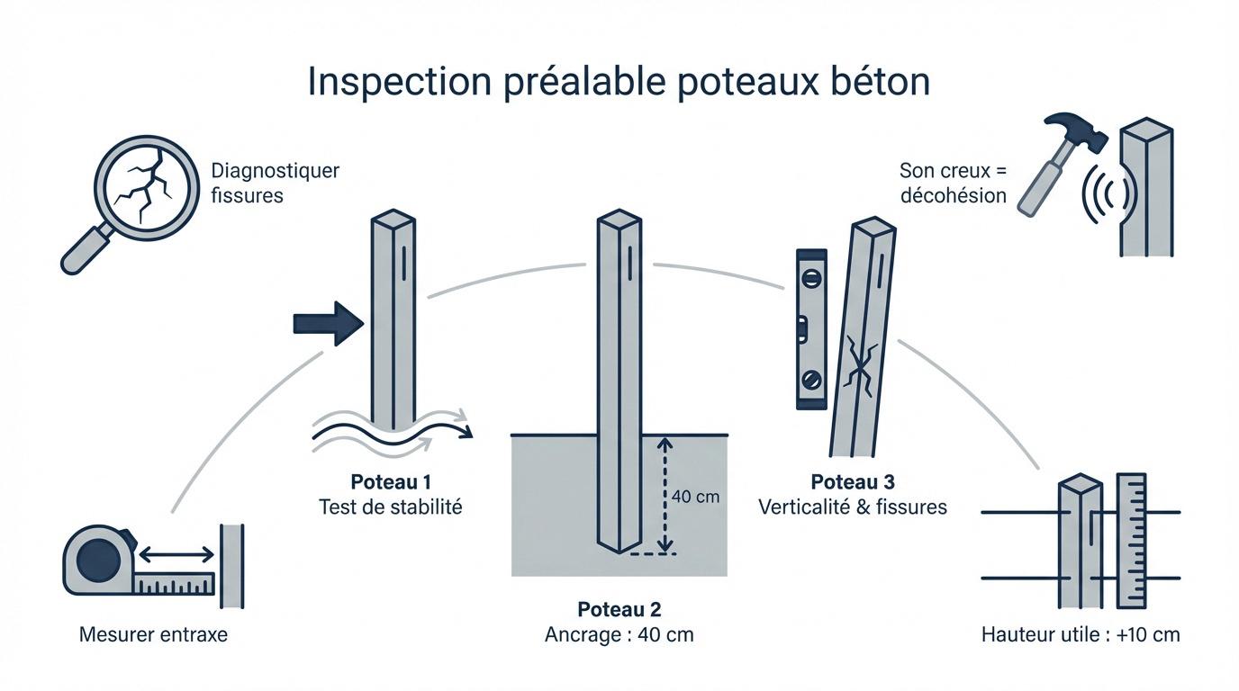 Technicien inspectant la base d'un poteau en béton pour vérifier son ancrage et sa solidité avant la pose d'un grillage