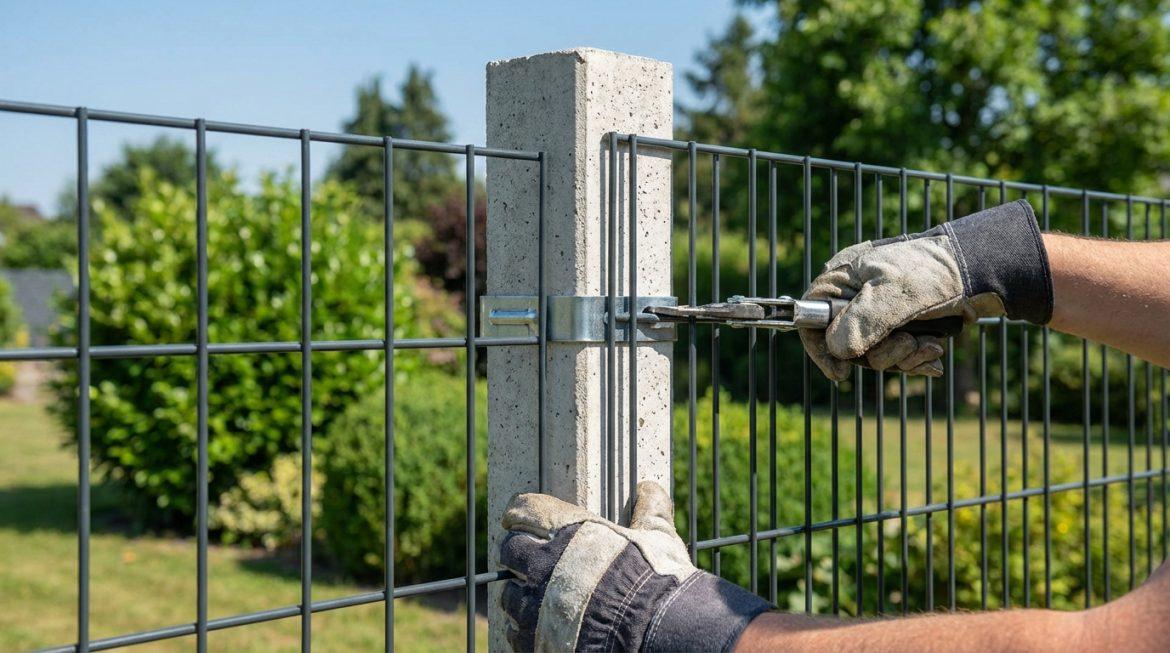 Mains gantées fixant un panneau de grillage rigide gris à un poteau en béton avec une pince et une bride métallique.