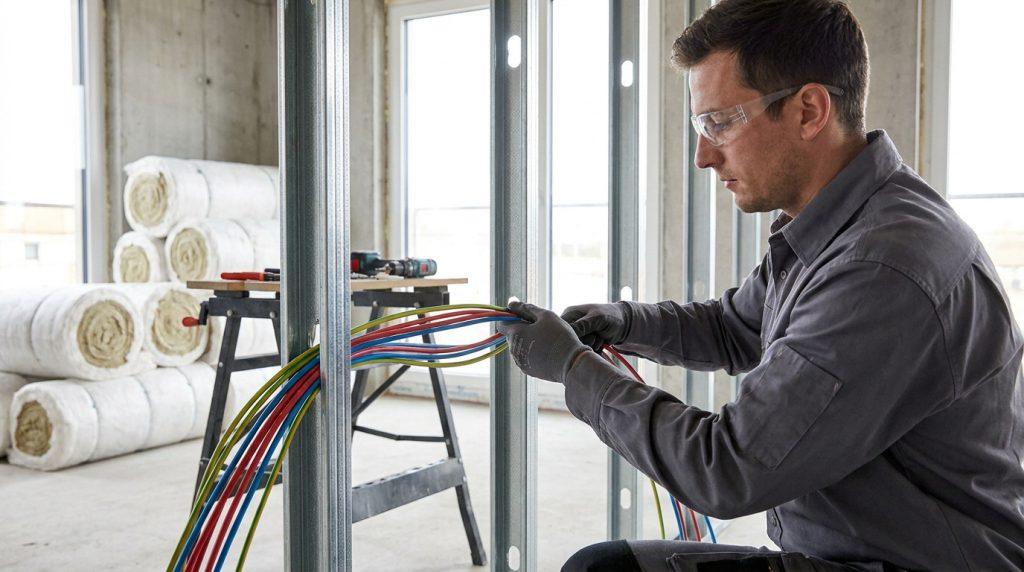 Un électricien en lunettes de protection installe des câbles colorés sur un chantier, avec des rouleaux d'isolant en arrière-plan.