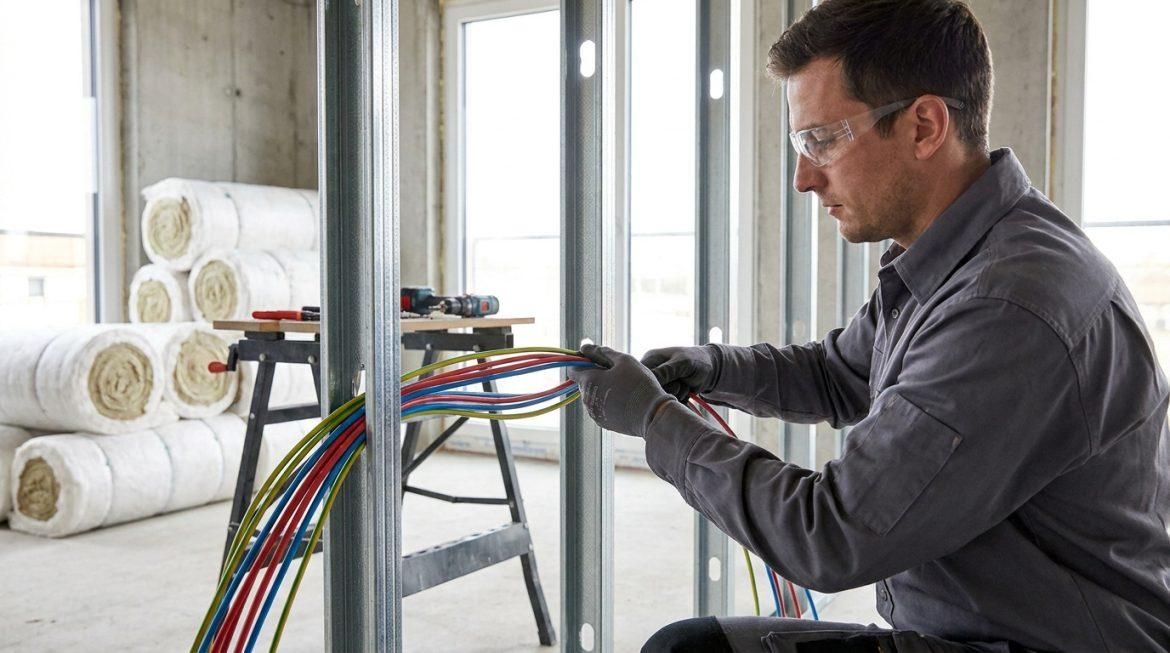 Un électricien en lunettes de protection installe des câbles colorés sur un chantier, avec des rouleaux d'isolant en arrière-plan.