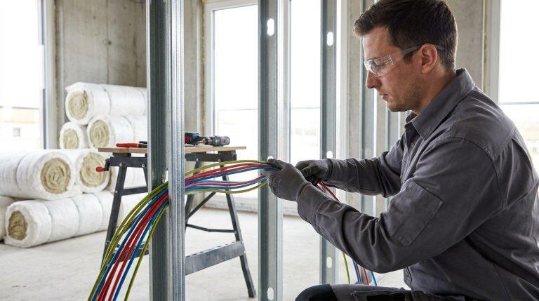 Un électricien en lunettes de protection installe des câbles colorés sur un chantier, avec des rouleaux d'isolant en arrière-plan.