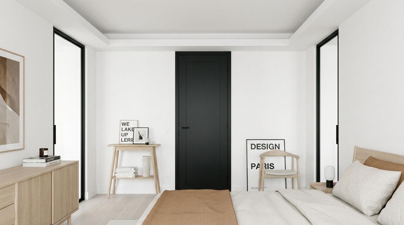 Porte intérieure noire contrastant avec un mur blanc dans un salon minimaliste