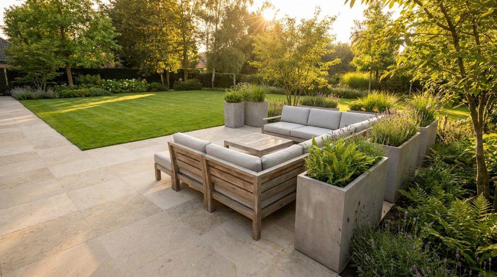 Salon de jardin moderne en bois sur terrasse claire, entouré de jardinières et d'une pelouse luxuriante au soleil couchant.