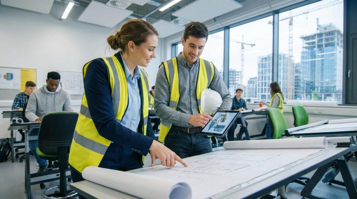 Deux apprentis en gilet fluo étudient des plans architecturaux et un projet sur tablette, avec un chantier en arrière-plan.