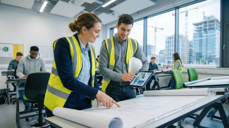 Deux apprentis en gilet fluo étudient des plans architecturaux et un projet sur tablette, avec un chantier en arrière-plan.