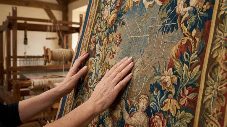 Gros plan sur deux mains touchant une tapisserie d'Aubusson aux motifs floraux et un personnage, un métier à tisser en fond.