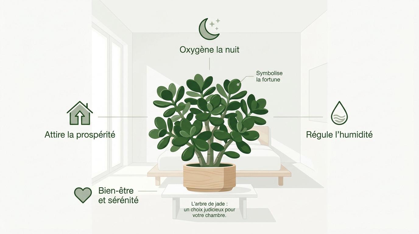 Arbre de jade décoratif posé sur une table de chevet dans une chambre lumineuse