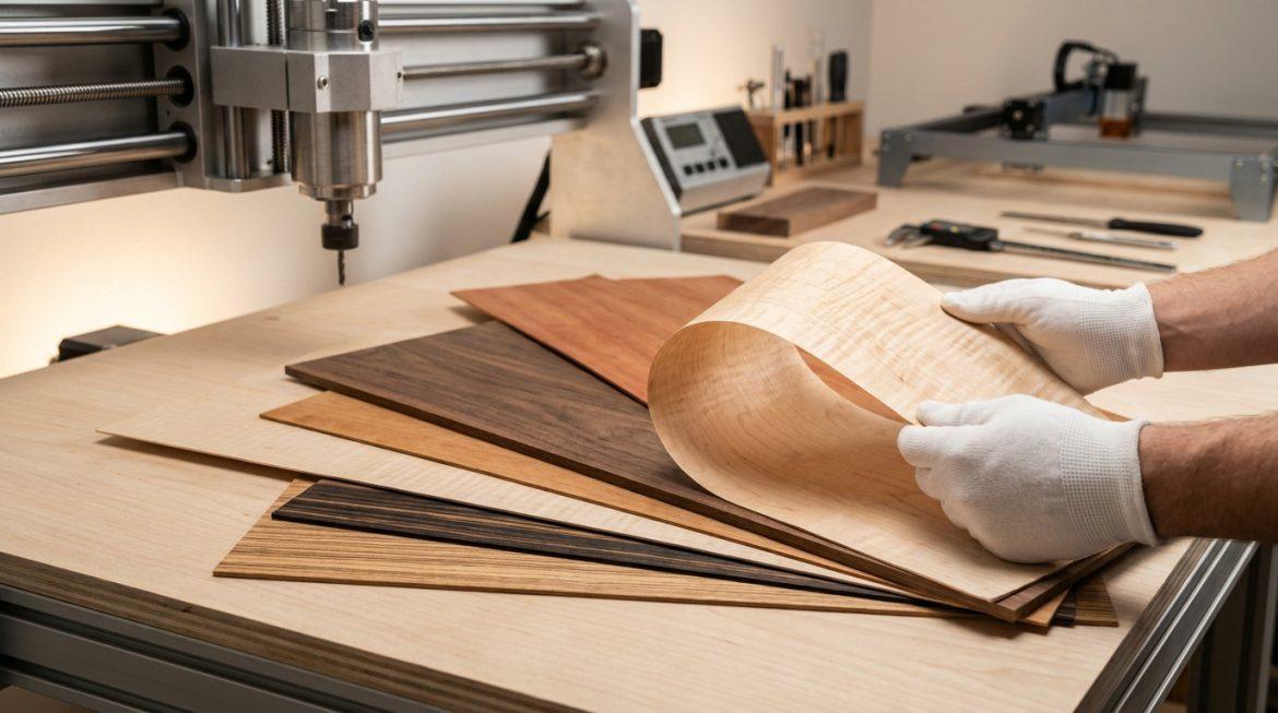 Mains gantées manipulant un placage de bois bouclé sur un établi avec divers placages et machines CNC en arrière-plan.