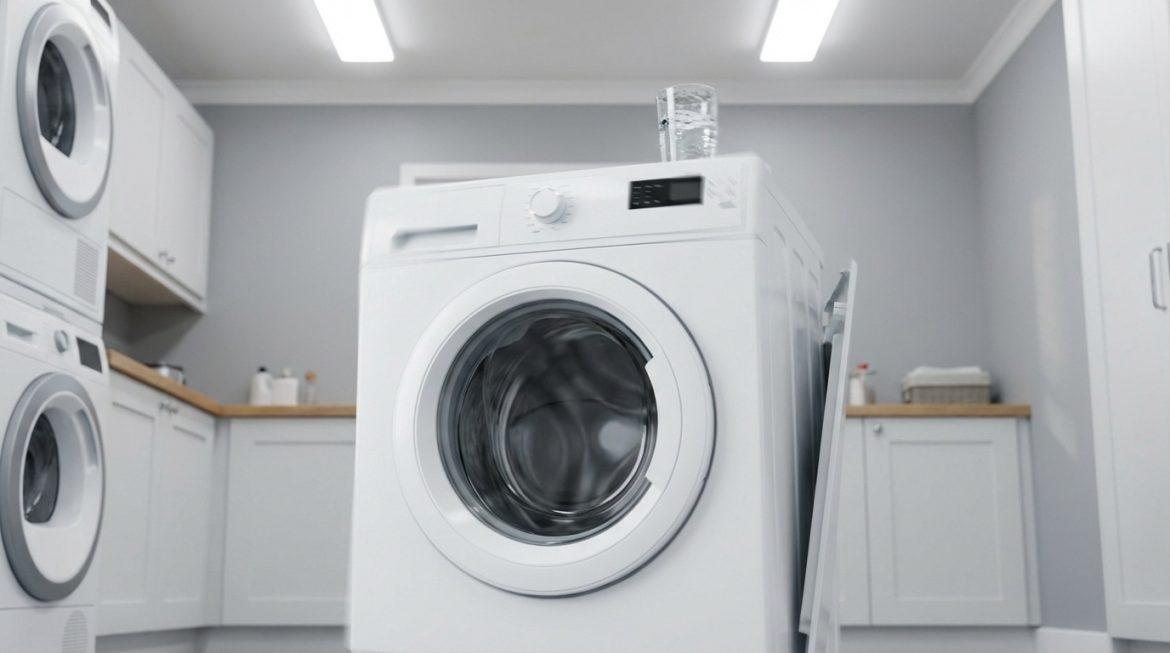 Vue d'une machine à laver frontale blanche avec un verre d'eau sur le dessus, dans une buanderie moderne et lumineuse.