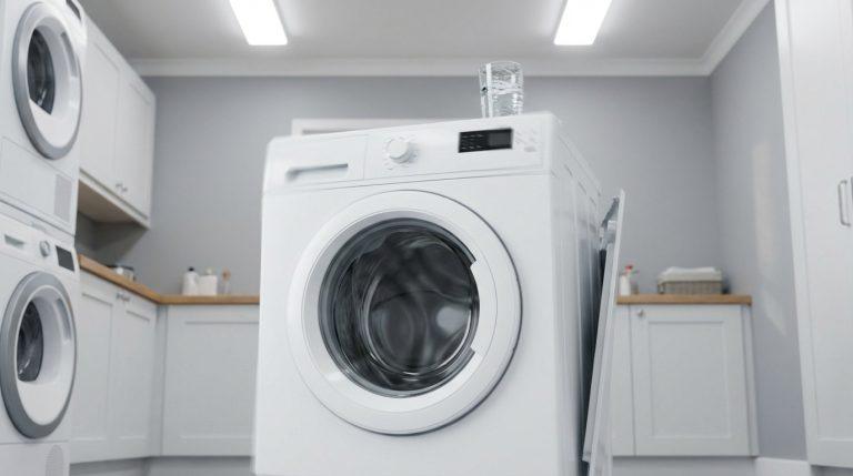 Vue d'une machine à laver frontale blanche avec un verre d'eau sur le dessus, dans une buanderie moderne et lumineuse.