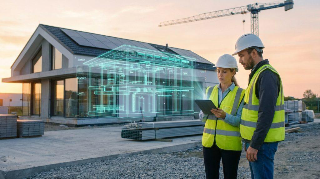 Deux professionnels BTP visualisent une maquette 3D holographique sur tablette, devant un chantier avec maison moderne et grue.