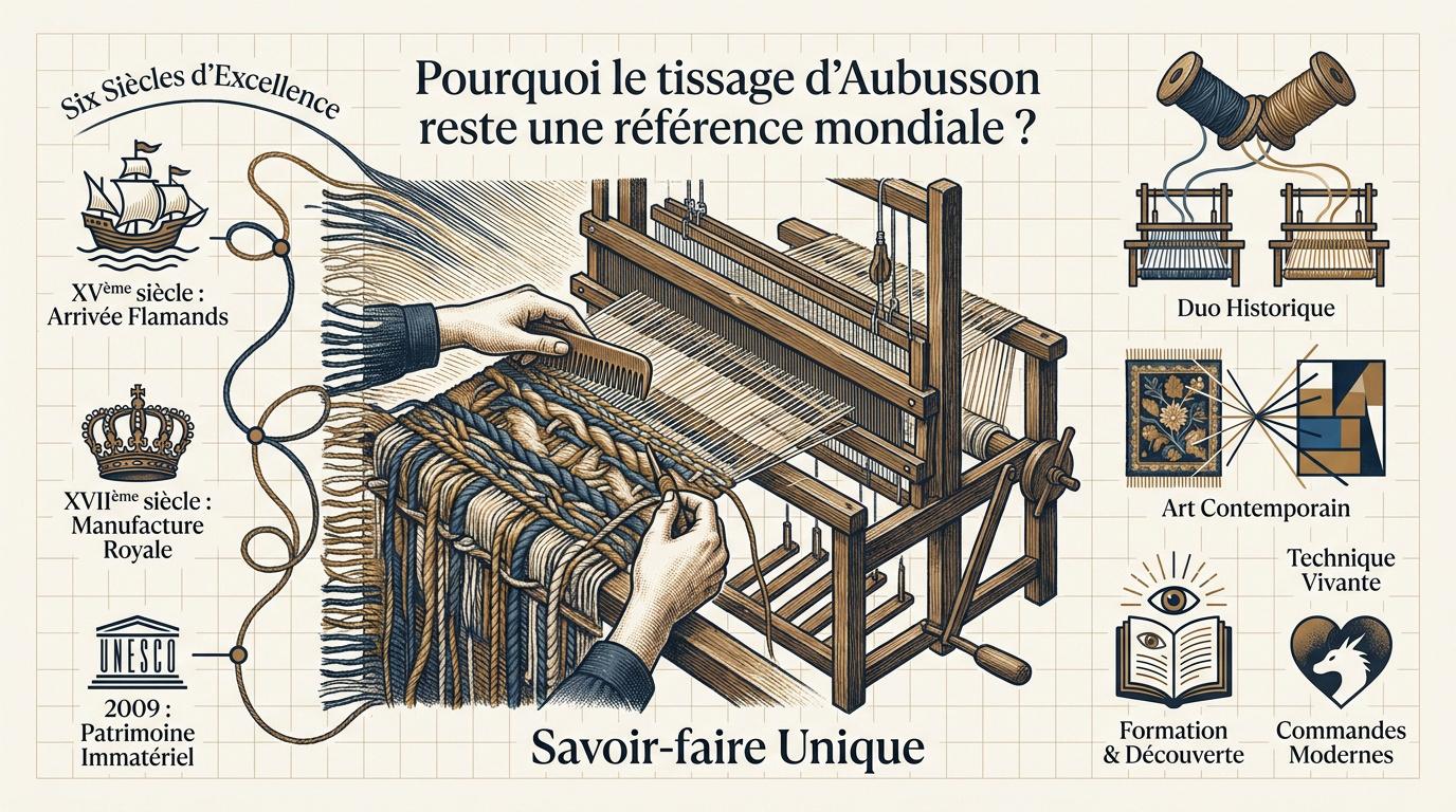 Détail d'un tissage traditionnel de la manufacture d'Aubusson montrant la précision des lissiers