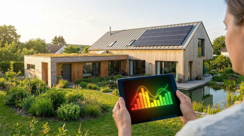 Maison écologique en bois avec panneaux solaires et toit végétalisé. Une personne analyse les données énergétiques sur une tablette.