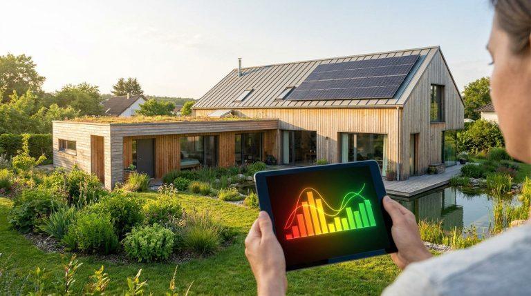 Maison écologique en bois avec panneaux solaires et toit végétalisé. Une personne analyse les données énergétiques sur une tablette.