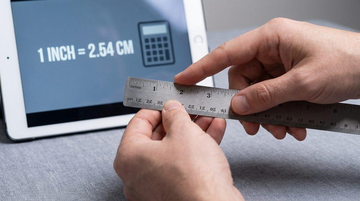 Mains tenant une règle métallique avec pouces et centimètres. À l'arrière-plan, une tablette affiche "1 INCH = 2.54 CM" et une calculatrice.