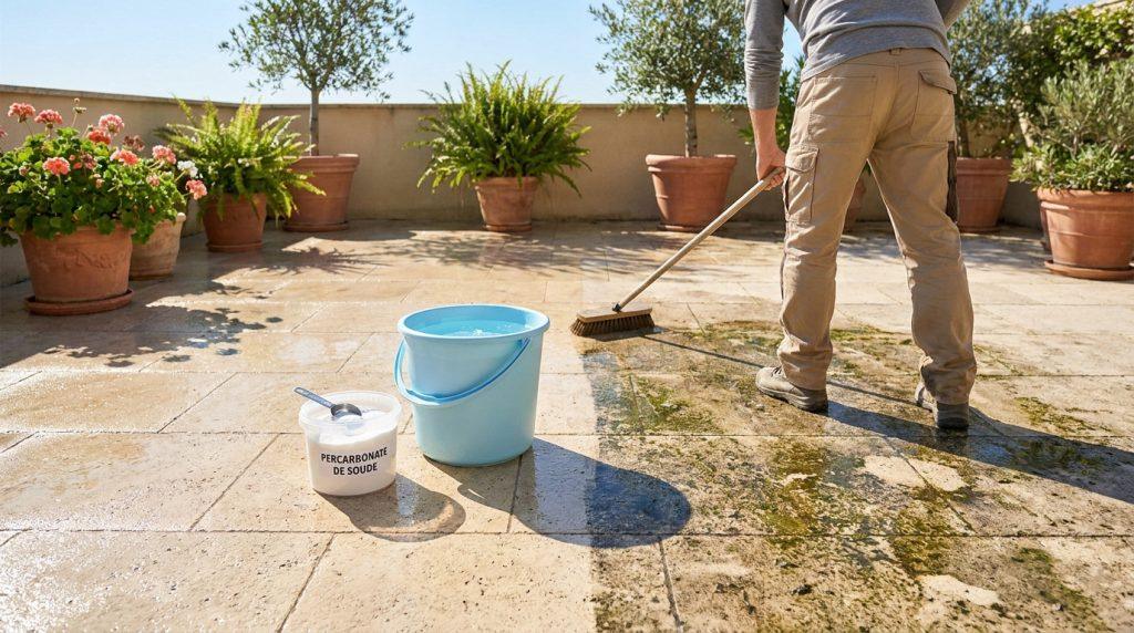 Homme nettoyant une terrasse carrelée au percarbonate de soude. Seau d'eau et poudre blanche visibles. La terrasse est nettoyée à moitié.