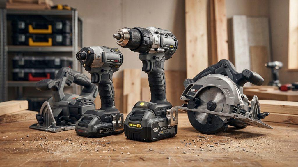 Un ensemble d'outils électriques sans fil Erbauer 18V (perceuses et scies circulaires) posés sur un établi en bois dans un atelier.