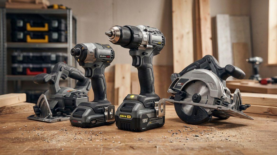 Un ensemble d'outils électriques sans fil Erbauer 18V (perceuses et scies circulaires) posés sur un établi en bois dans un atelier.