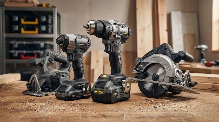 Un ensemble d'outils électriques sans fil Erbauer 18V (perceuses et scies circulaires) posés sur un établi en bois dans un atelier.
