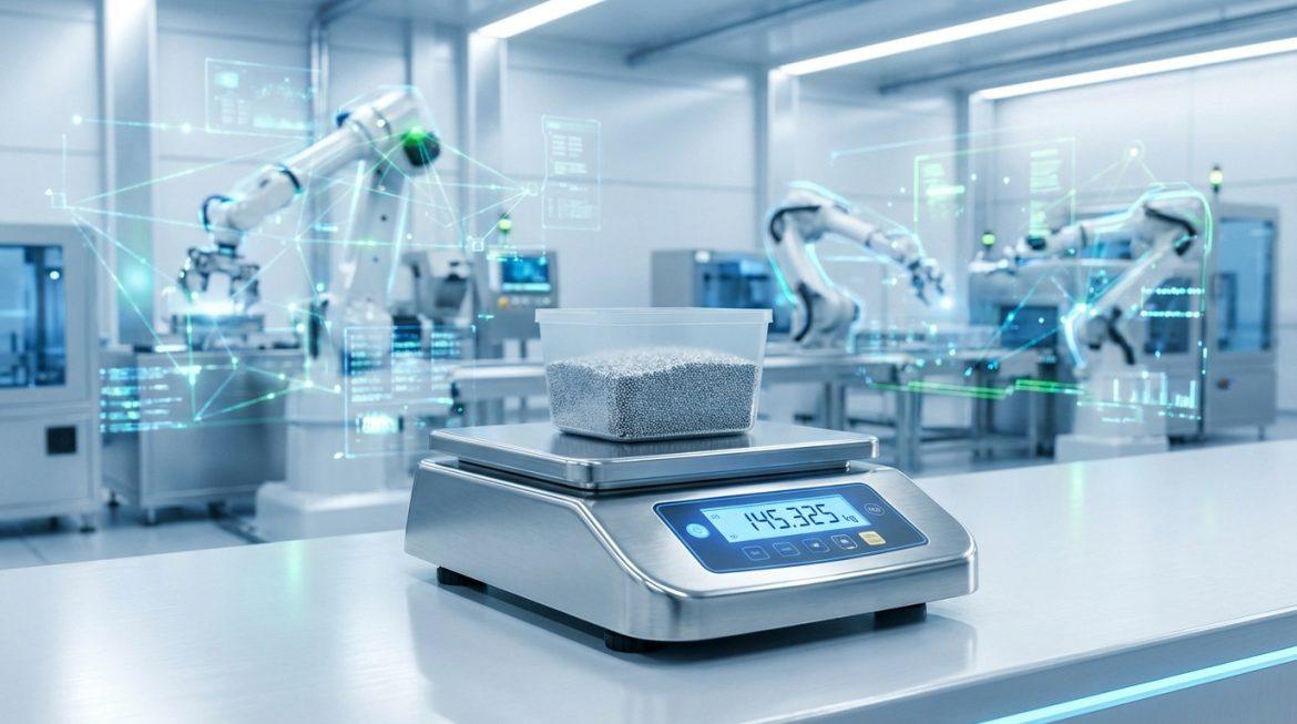 Balance de précision affichant 145,325 kg avec des granulés. En arrière-plan, usine robotisée moderne avec données numériques.