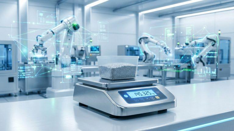 Balance de précision affichant 145,325 kg avec des granulés. En arrière-plan, usine robotisée moderne avec données numériques.