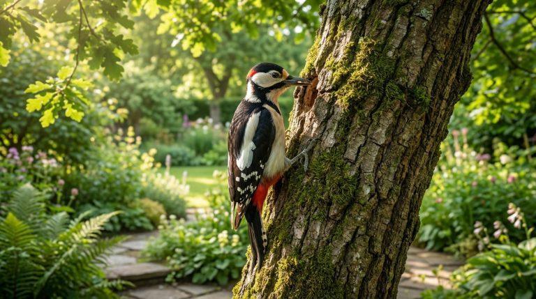 Un grand pic épeiche noir, blanc et rouge agrippé à un tronc d'arbre moussé dans un jardin verdoyant et ensoleillé.
