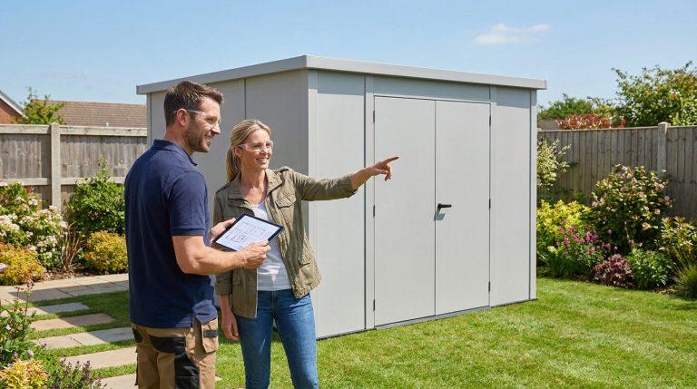 Couple dans un jardin discutant de l'installation d'un abri de jardin moderne. La femme pointe, l'homme regarde un plan sur tablette.