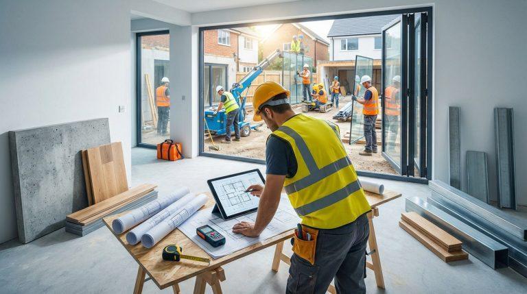 Fizeo blog travaux : l’expert de vos chantiers en 2026 Un chef de chantier consulte des plans numériques sur tablette, tandis qu'une équipe installe des vitrages sur un chantier moderne.