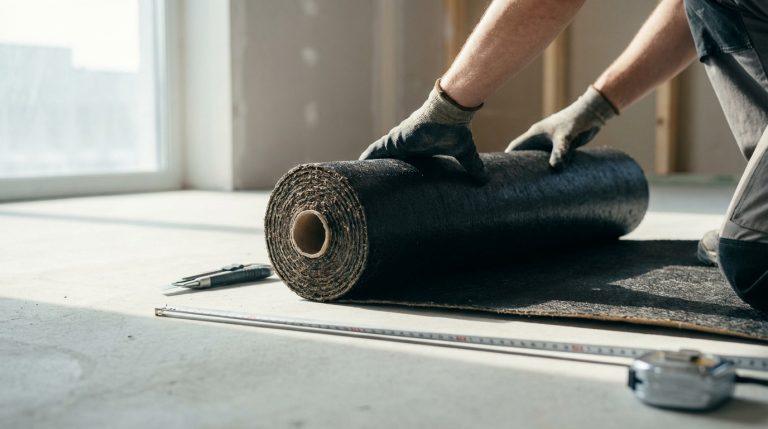 Ouvrier en gants déroule un rouleau de revêtement sombre sur sol en béton brut. Cutter et mètre à ruban à proximité dans pièce en travaux.